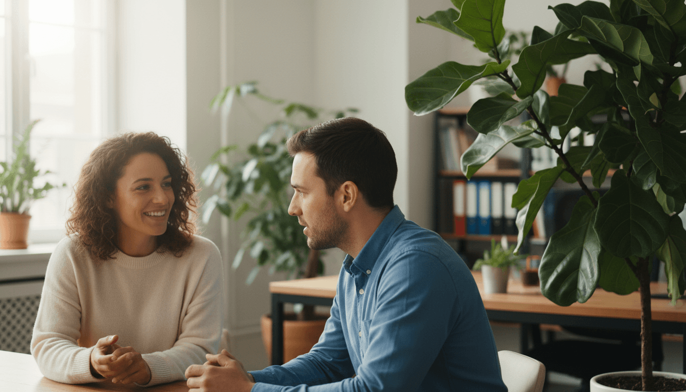 Smiling female client speaking with attentive consultant in bright, plant-filled office corner